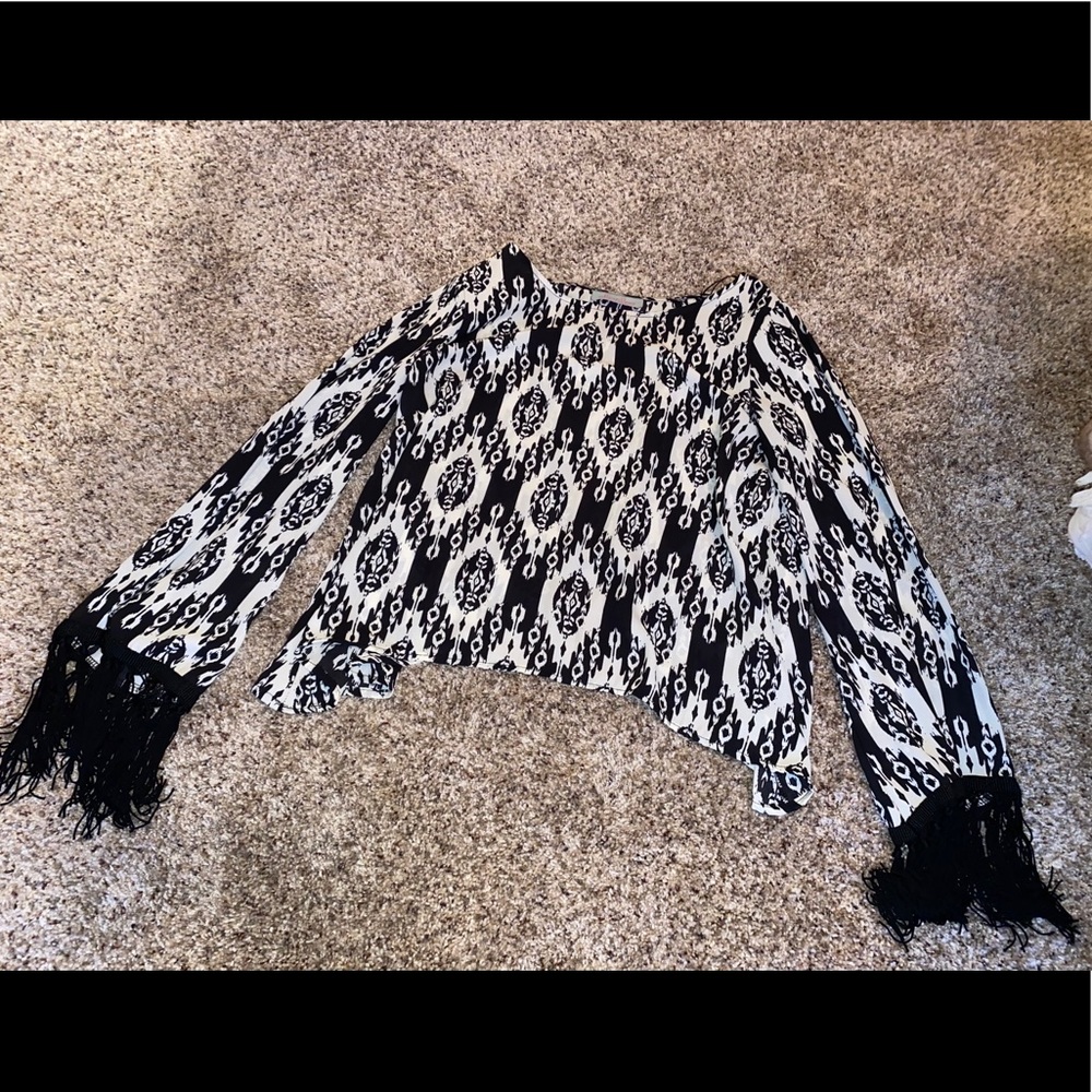 Black & White Tribal Print Fringe Top